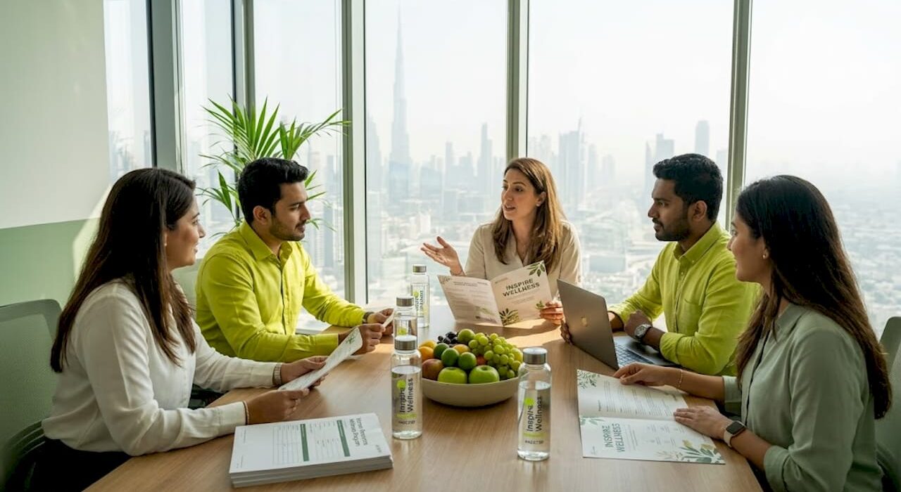 Diverse team meeting about wellness in UAE office