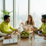 Diverse team meeting about wellness in UAE office