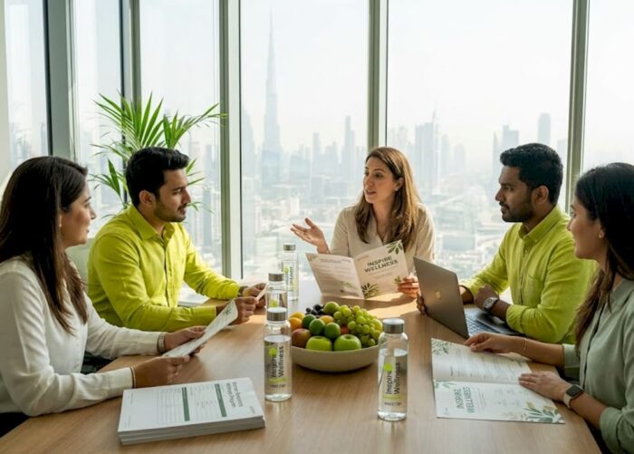 Diverse team meeting about wellness in UAE office