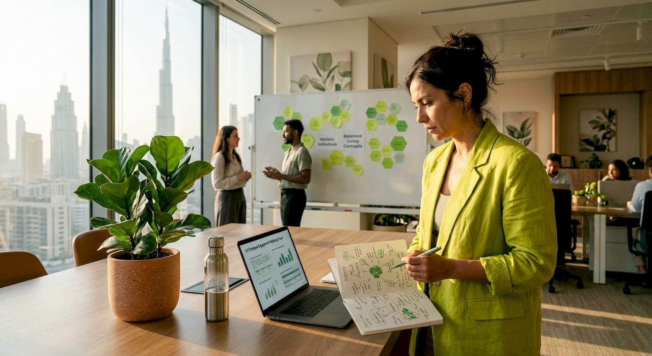 HR leader in Dubai office reviewing wellbeing reports