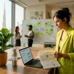 HR leader in Dubai office reviewing wellbeing reports