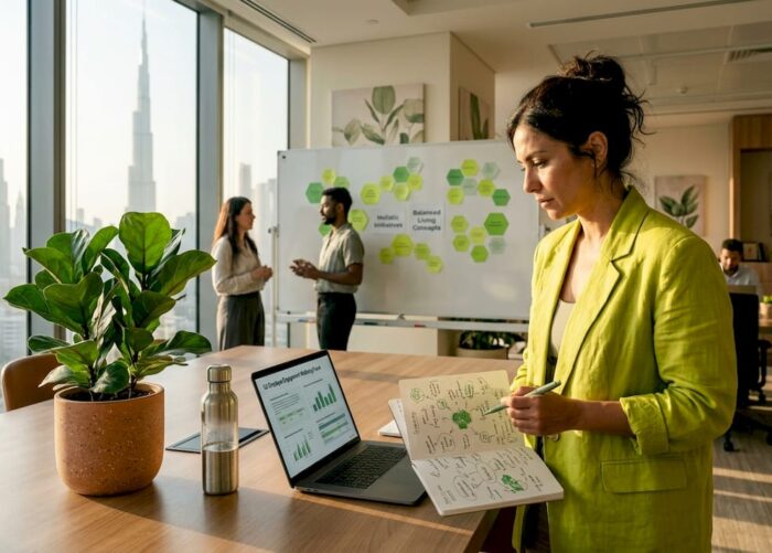 HR leader in Dubai office reviewing wellbeing reports