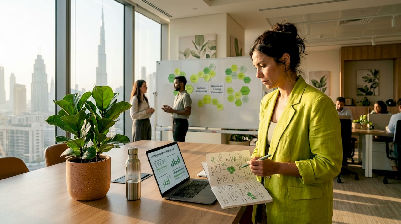 HR leader in Dubai office reviewing wellbeing reports