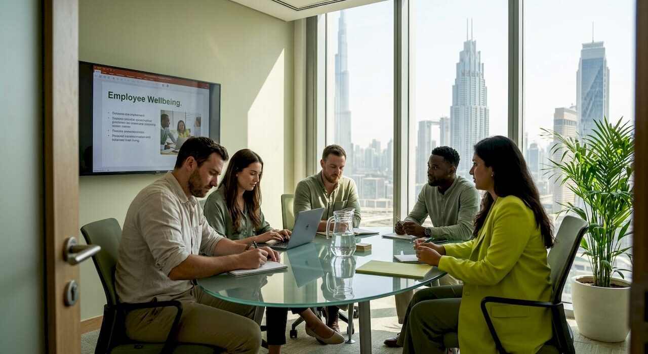 Professionals discussing wellness in Dubai office