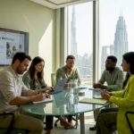 Professionals discussing wellness in Dubai office