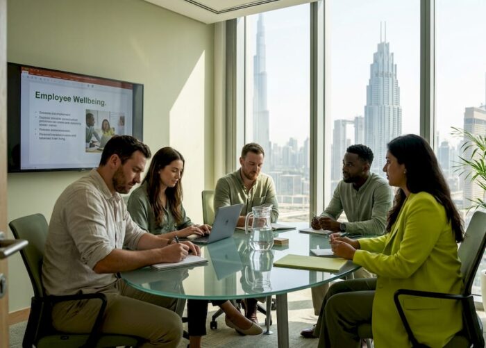 Professionals discussing wellness in Dubai office
