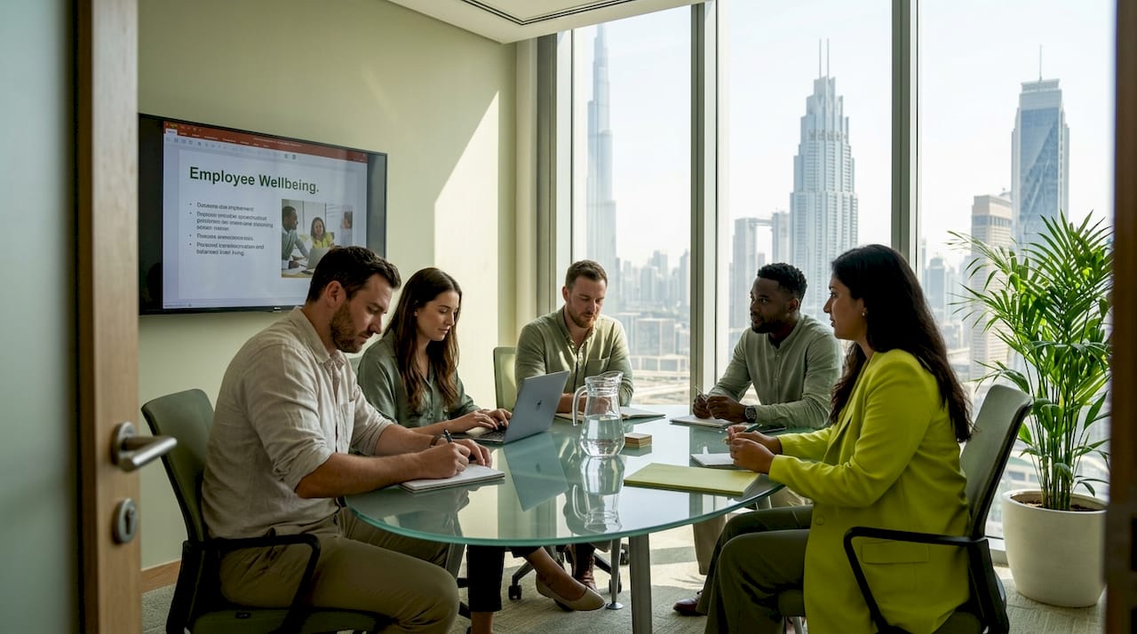 Professionals discussing wellness in Dubai office