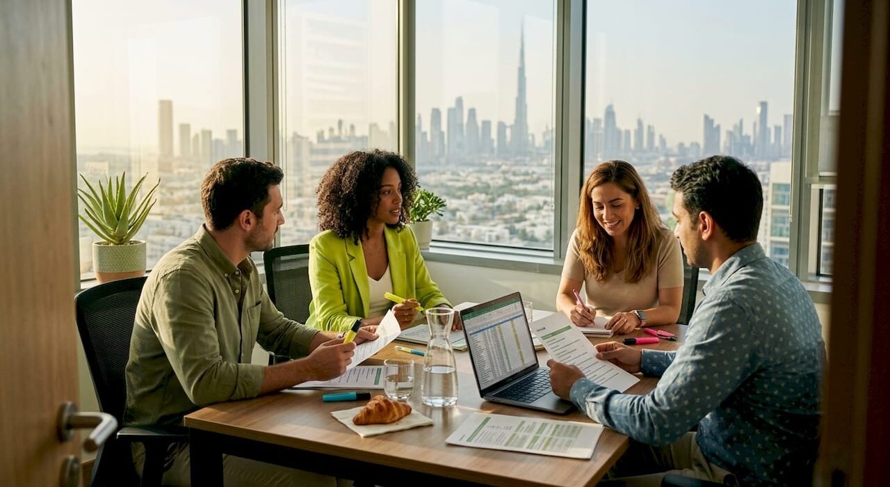 Professional team at table reviewing financial checklist