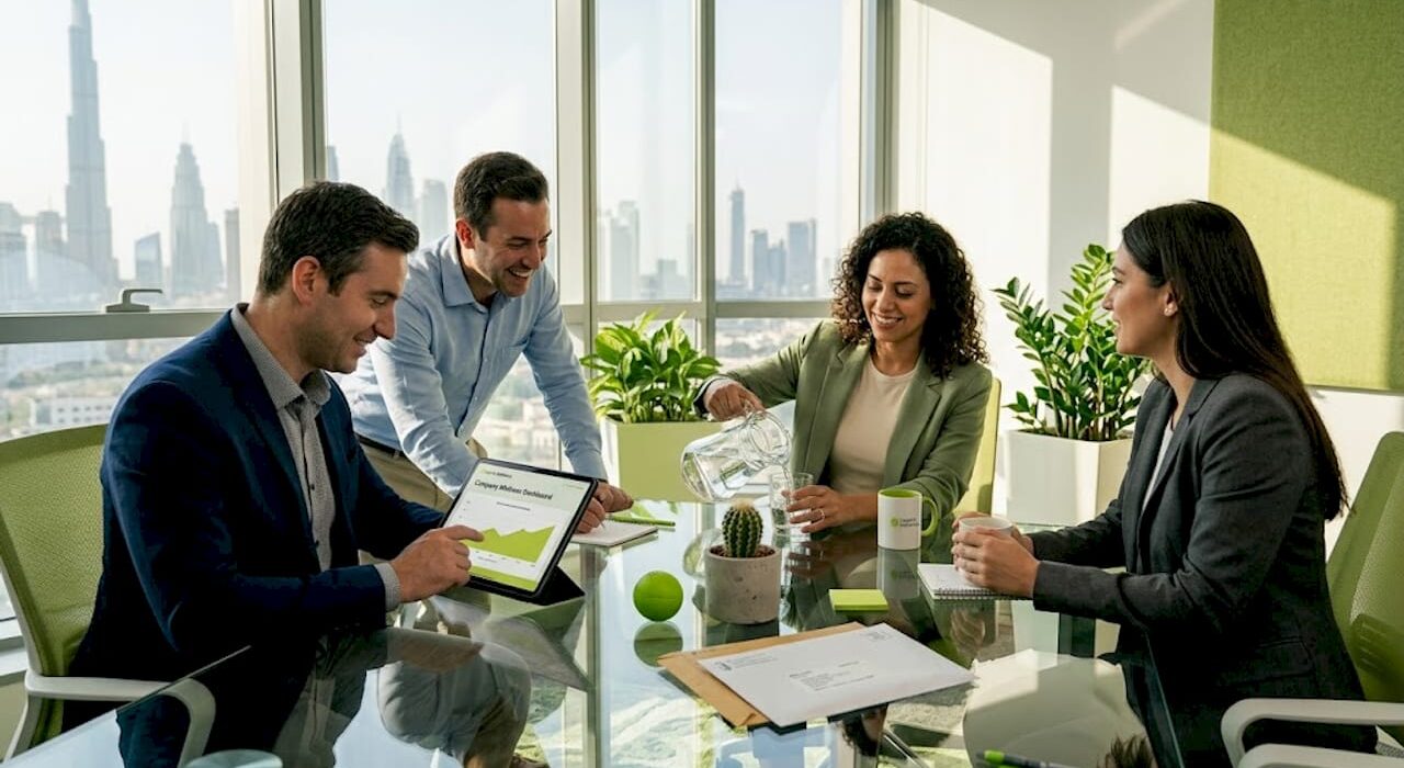 Diverse coworkers discussing wellness in Dubai office