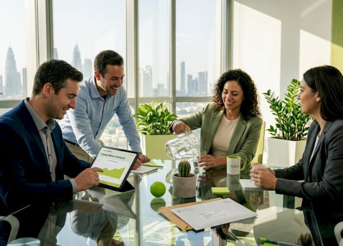 Diverse coworkers discussing wellness in Dubai office