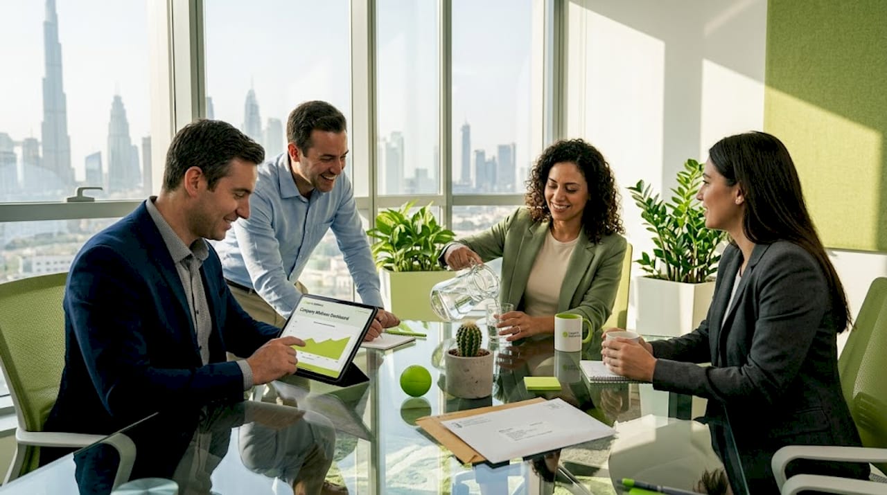 Diverse coworkers discussing wellness in Dubai office