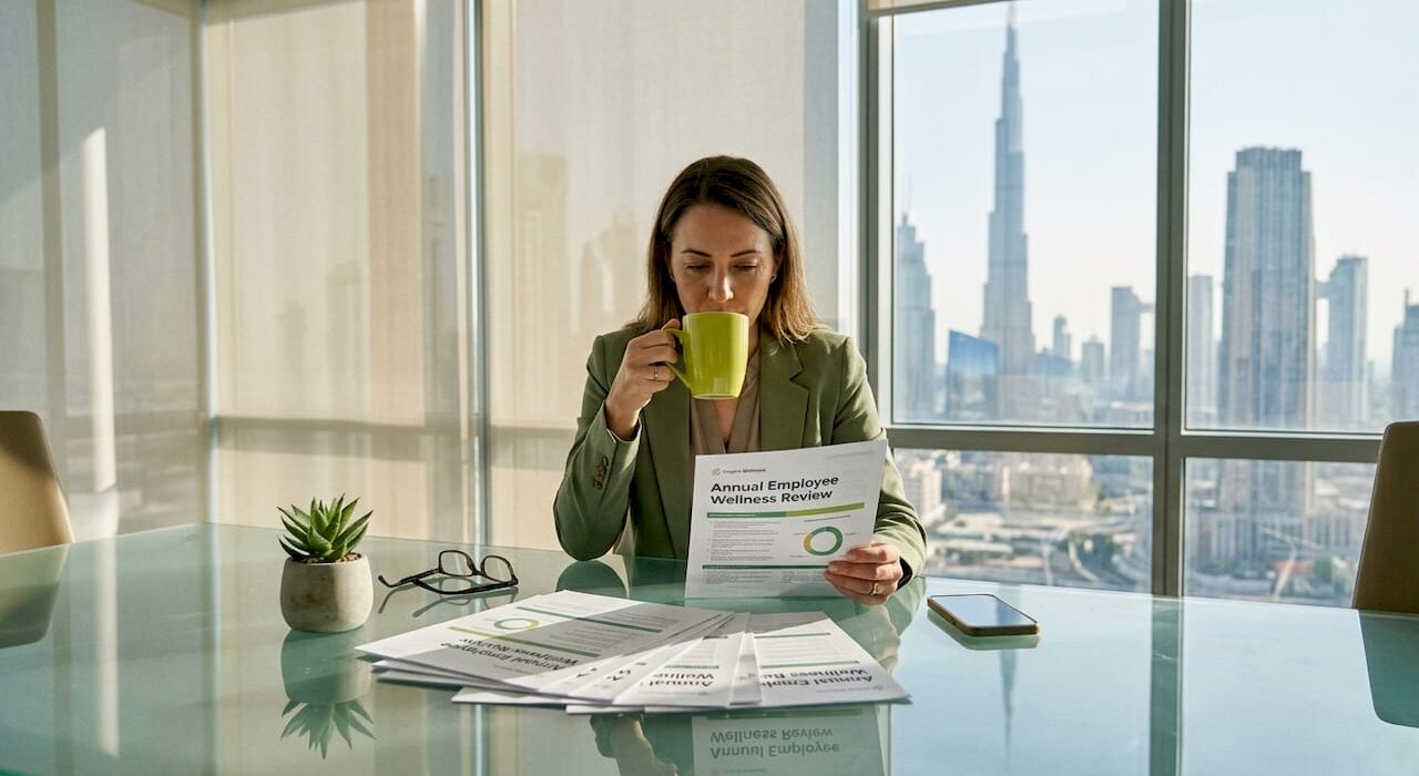 HR leader reviewing wellness report in Dubai office