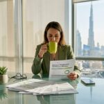 HR leader reviewing wellness report in Dubai office