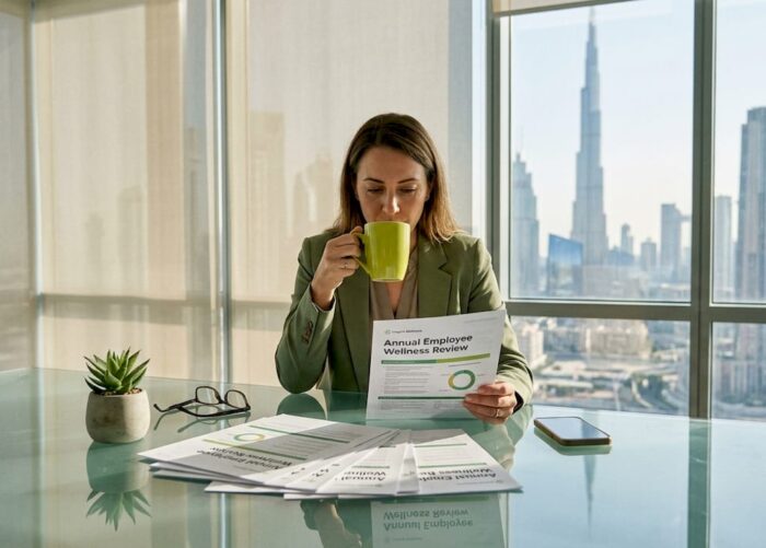 HR leader reviewing wellness report in Dubai office