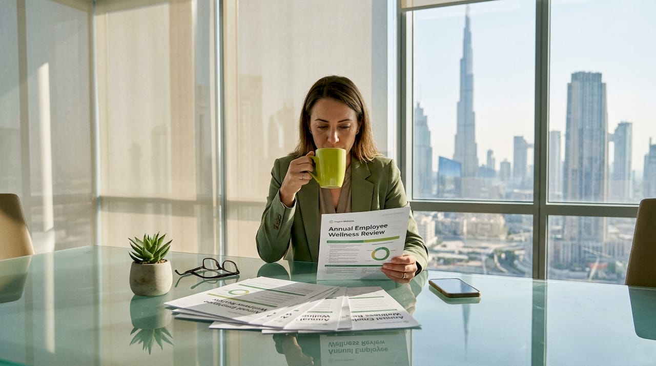 HR leader reviewing wellness report in Dubai office