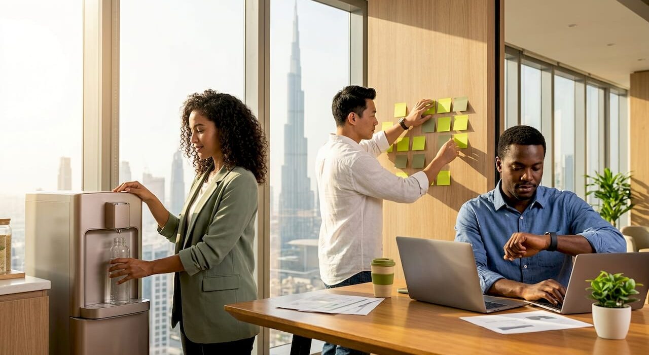 Diverse UAE office workers practicing wellness