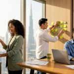 Diverse UAE office workers practicing wellness