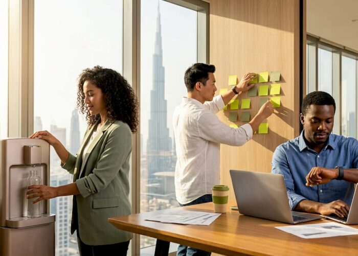 Diverse UAE office workers practicing wellness