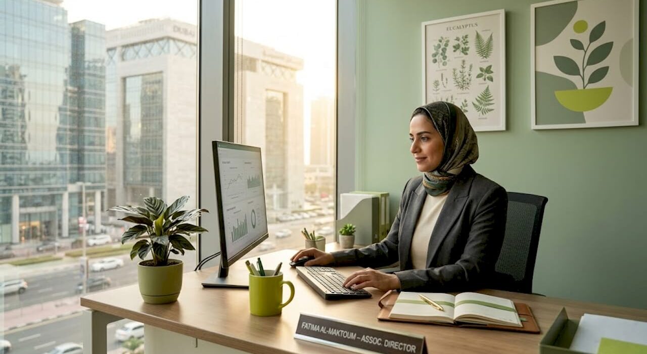 Emirati woman working at desk in Dubai office