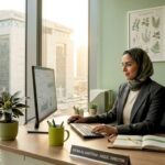 Emirati woman working at desk in Dubai office