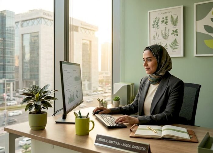 Emirati woman working at desk in Dubai office