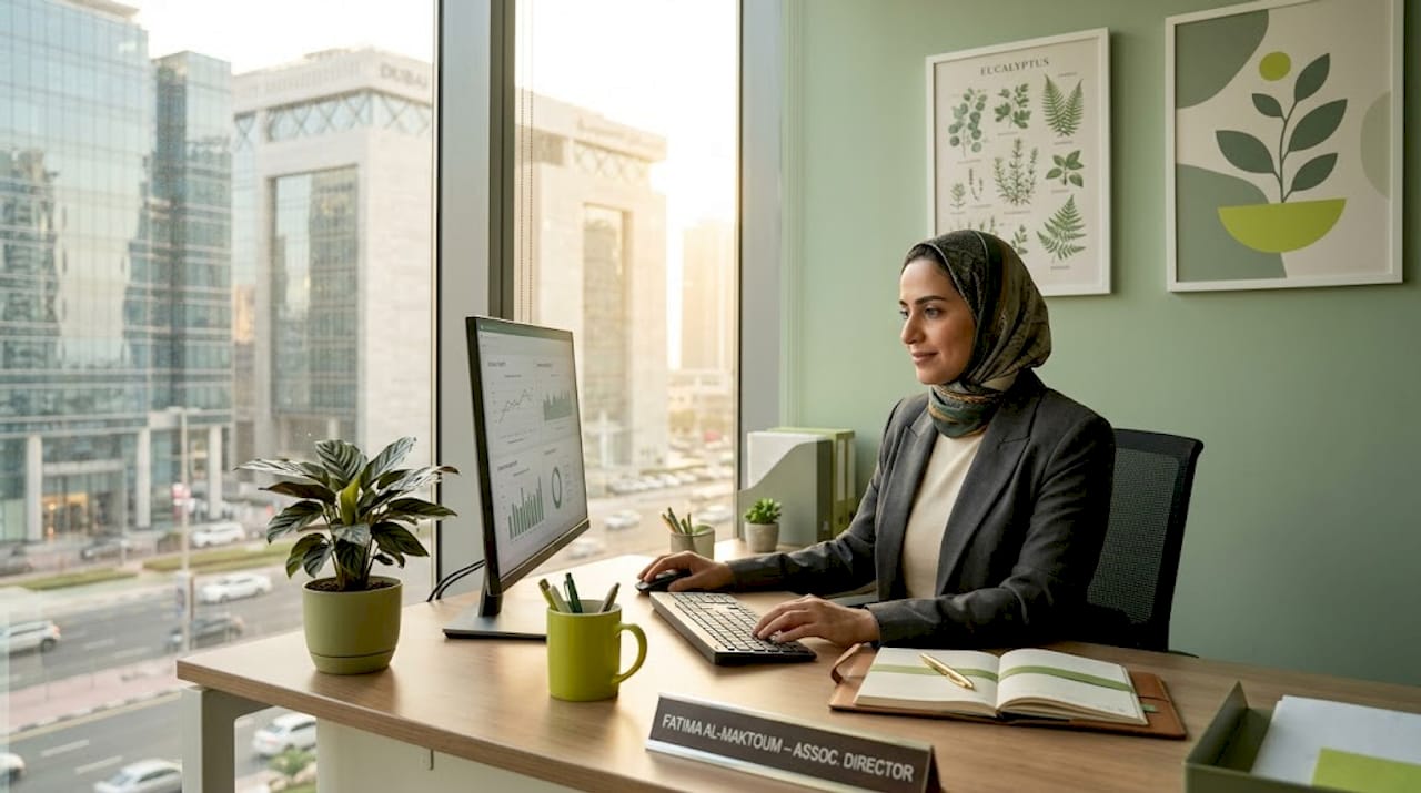Emirati woman working at desk in Dubai office
