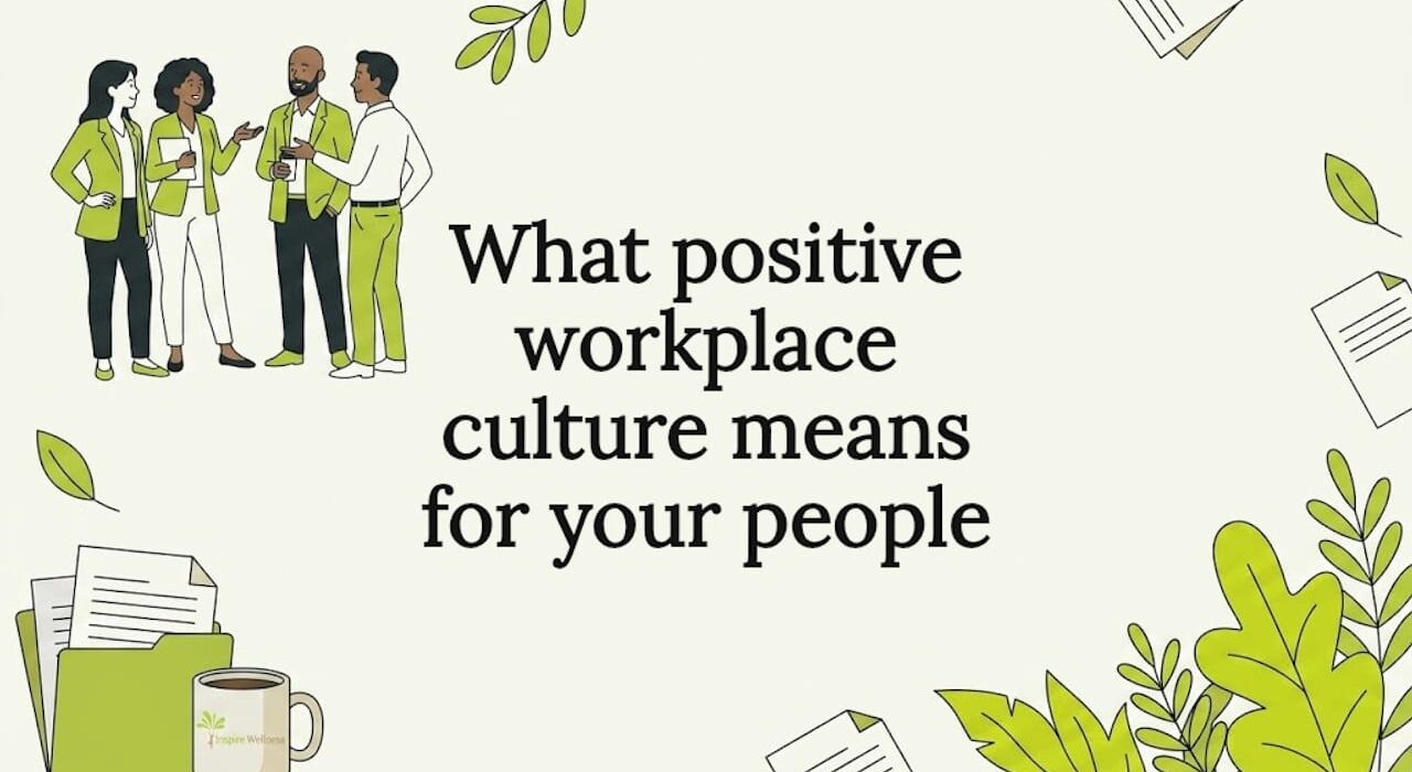 Decorative title card with people, leaves, and office objects