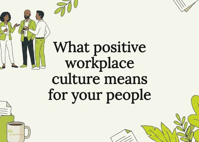 Decorative title card with people, leaves, and office objects