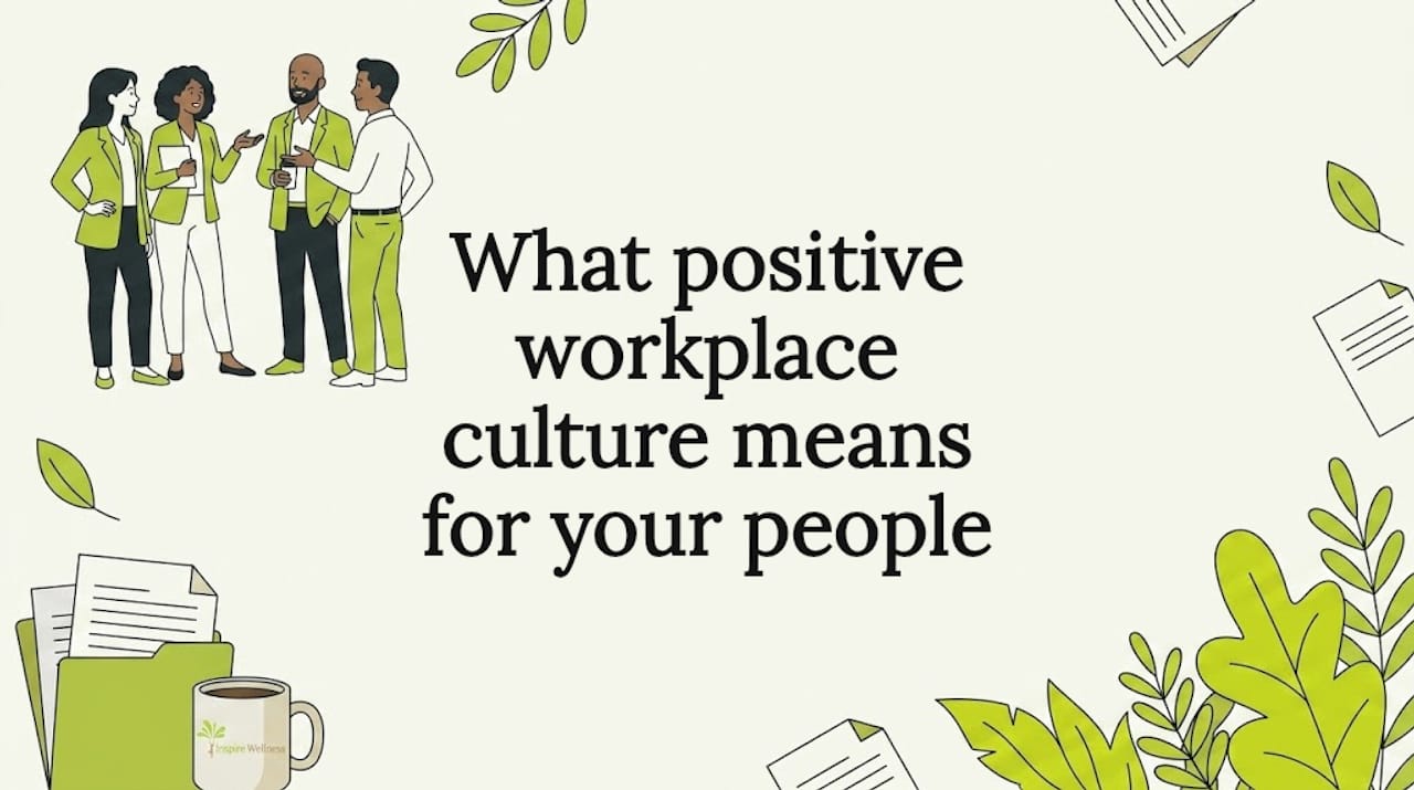 Decorative title card with people, leaves, and office objects
