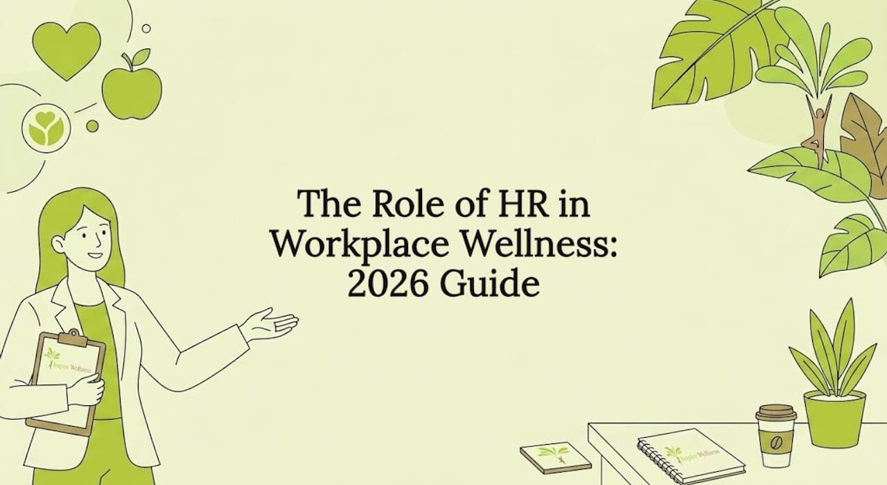 Decorative title card illustration with wellness and HR motifs