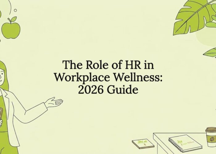 Decorative title card illustration with wellness and HR motifs