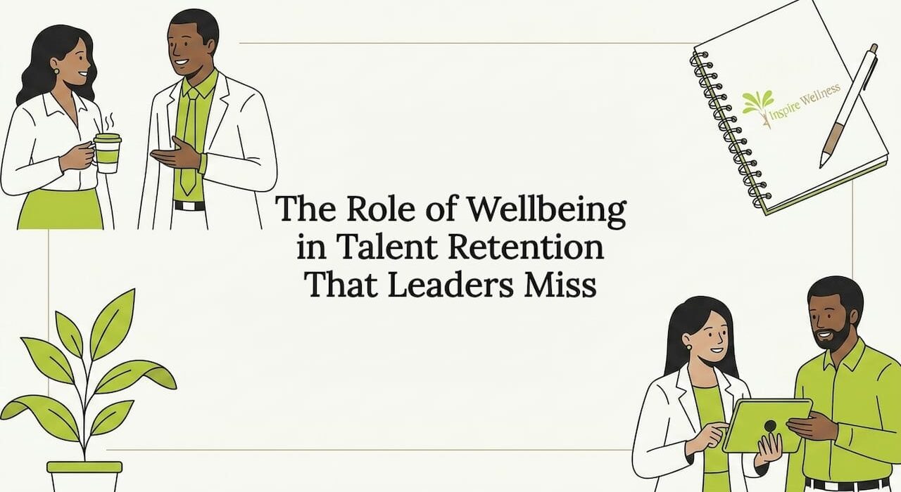 Decorative title card illustration with business and wellbeing icons