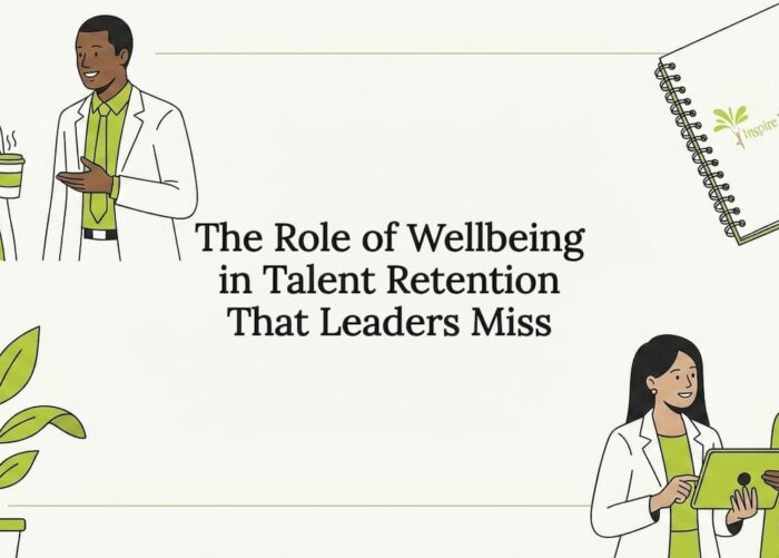 Decorative title card illustration with business and wellbeing icons