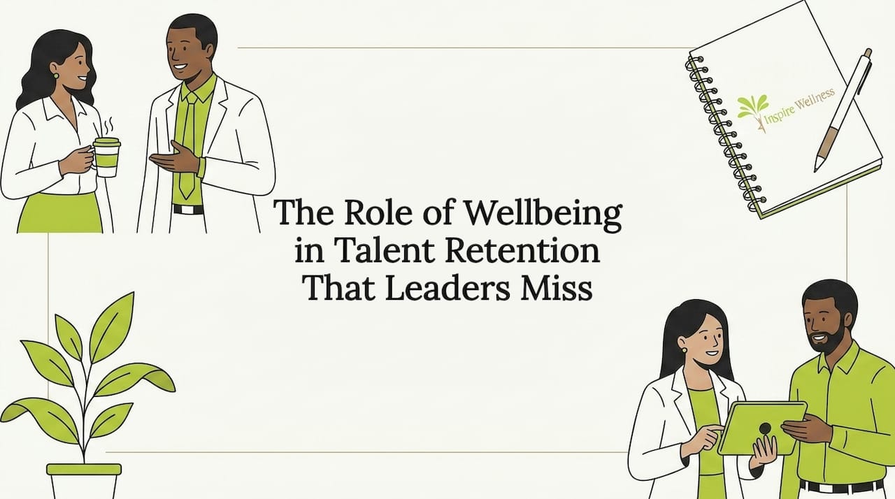 Decorative title card illustration with business and wellbeing icons