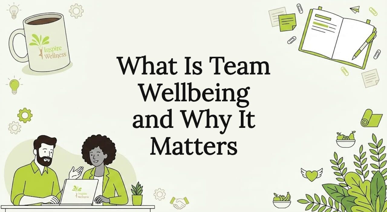 Decorative editorial illustration with team and wellness props framing the title