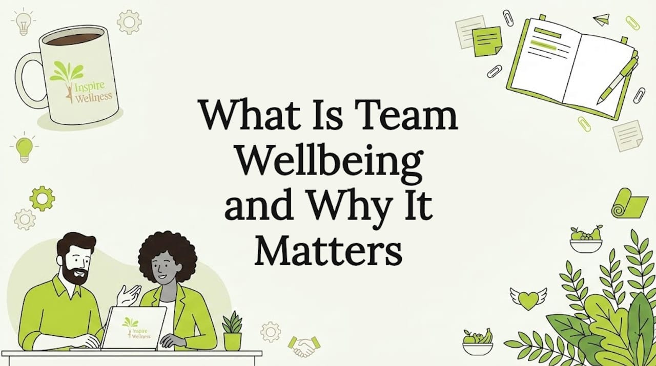 Decorative editorial illustration with team and wellness props framing the title