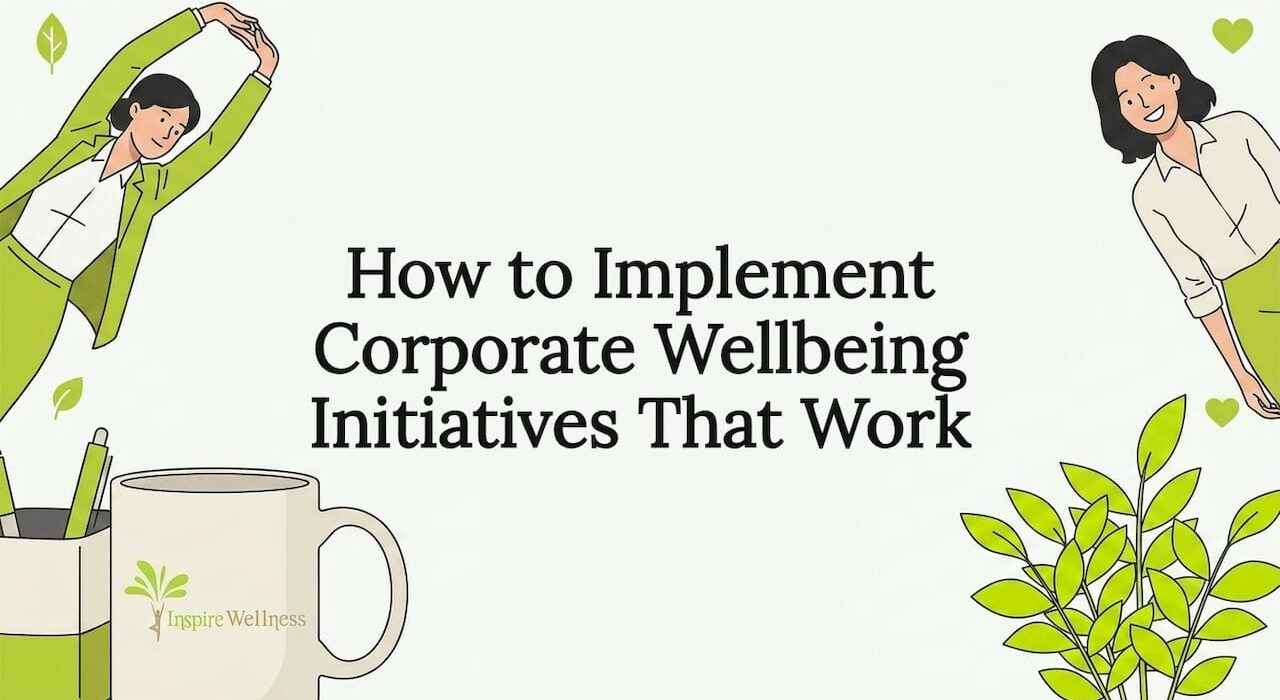 Decorative corporate wellbeing blog title card illustration