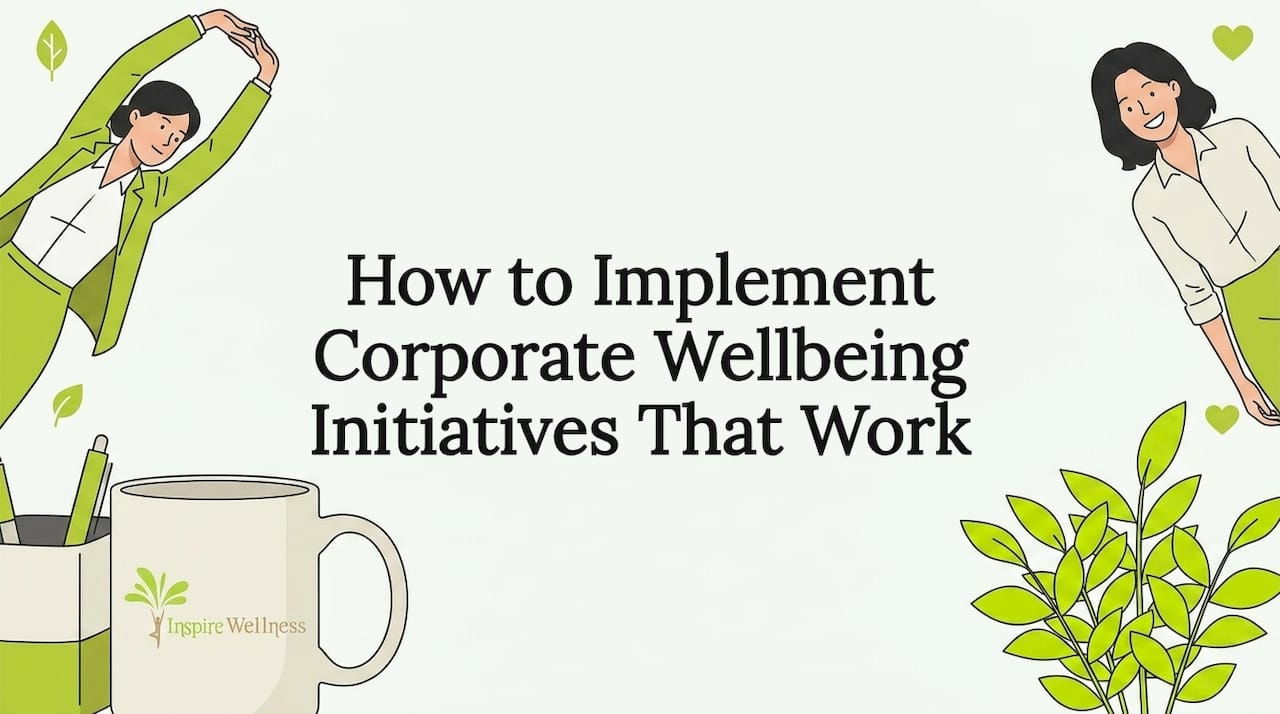 Decorative corporate wellbeing blog title card illustration