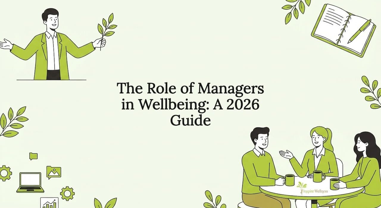 Decorative title card with wellness and management-themed illustrations