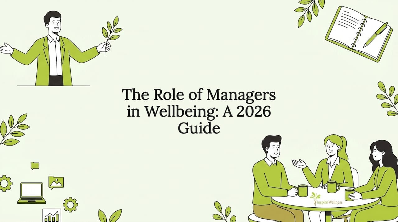 Decorative title card with wellness and management-themed illustrations