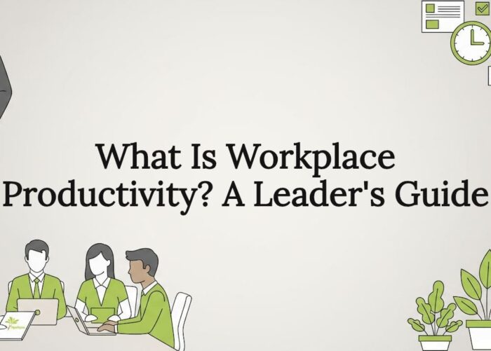 Decorative illustration framing workspace productivity title
