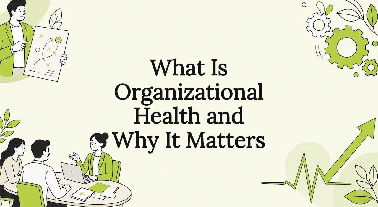 Flat vector illustration title card for organizational health article