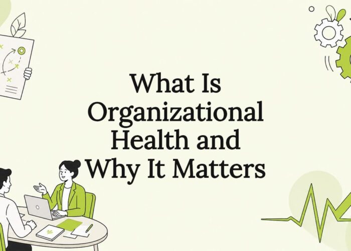 Flat vector illustration title card for organizational health article
