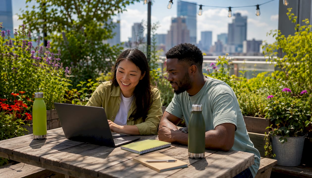 Two coworkers collaborating in hybrid meeting room