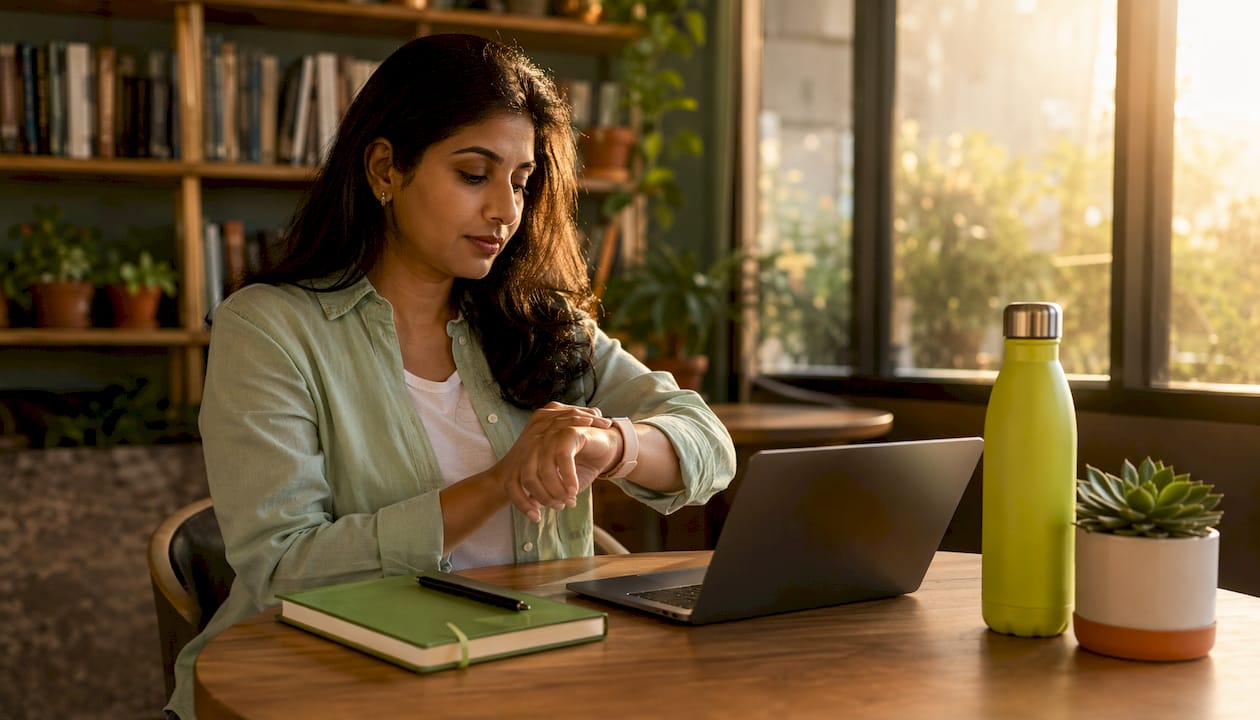 Woman adjusting smartwatch in home office