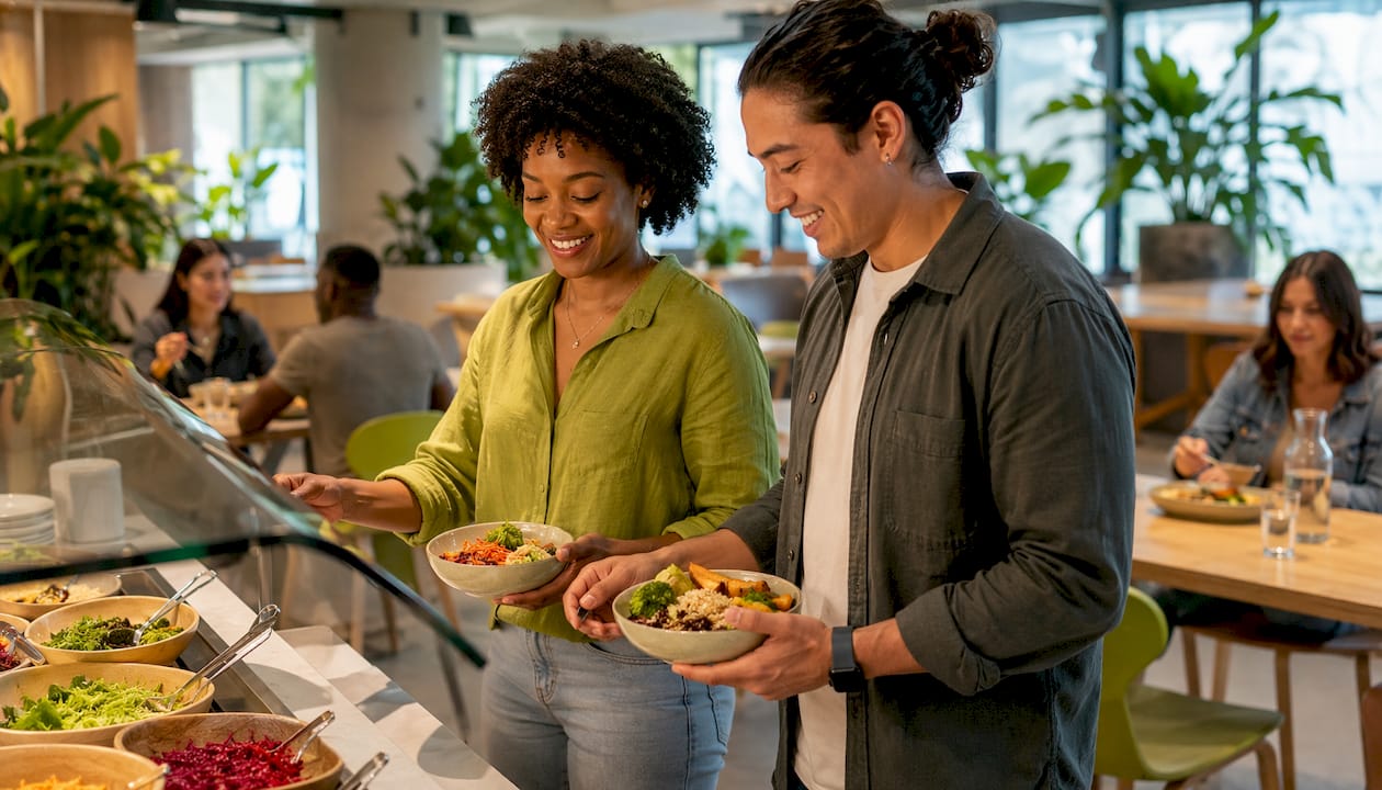 Employees choosing healthy food in cafeteria environment
