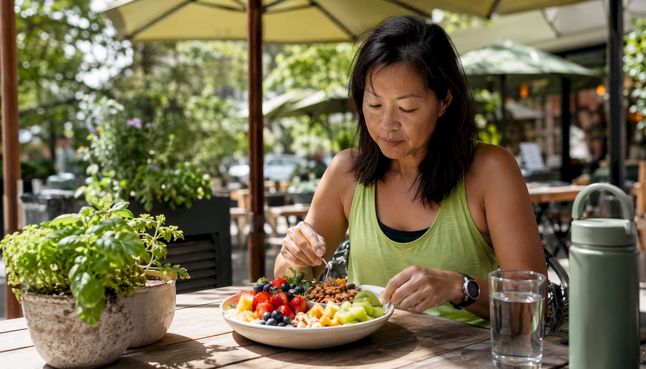 Woman selecting healthy snacks in cafeteria