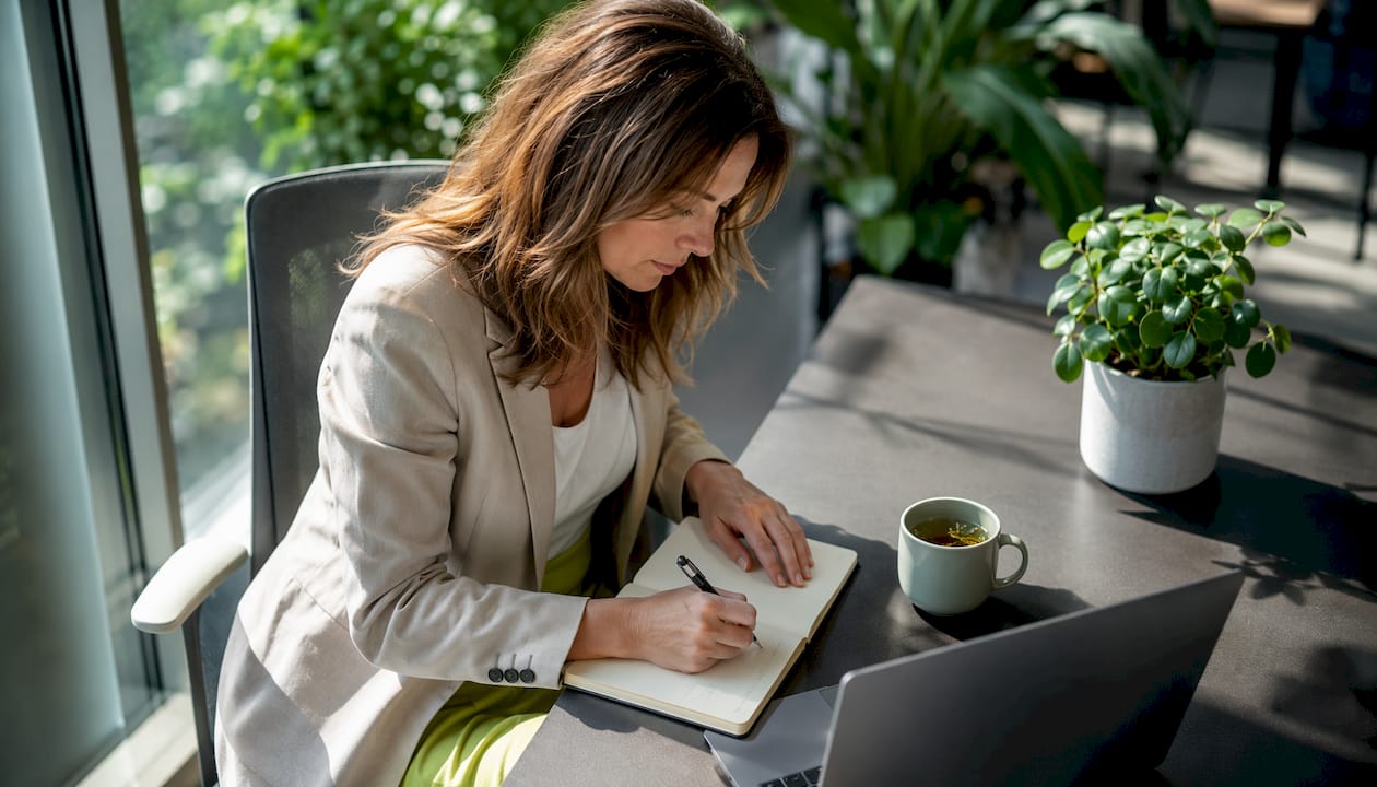 Manager taking feedback notes at desk