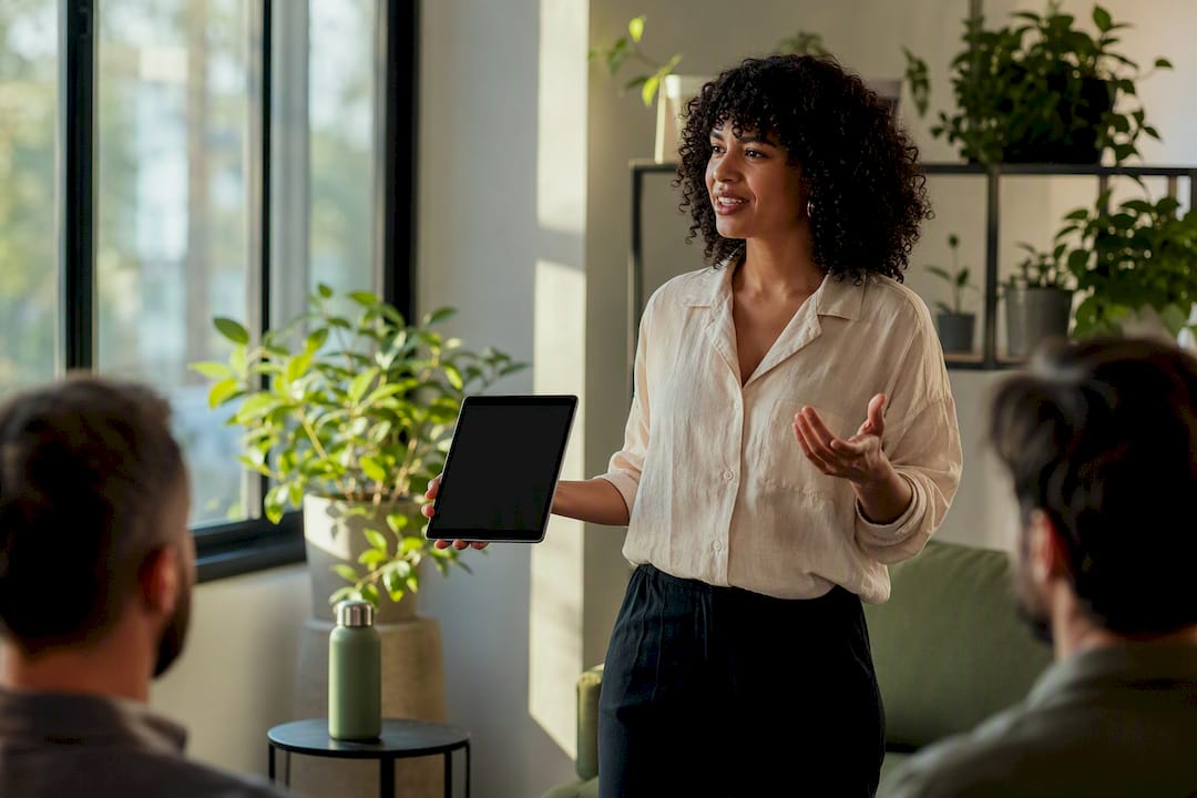 Leader explaining on tablet in office nook
