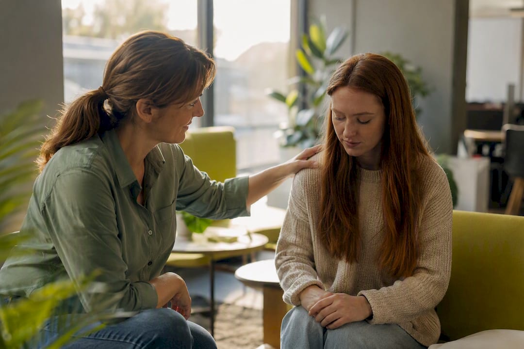 HR manager comforting employee in office corner